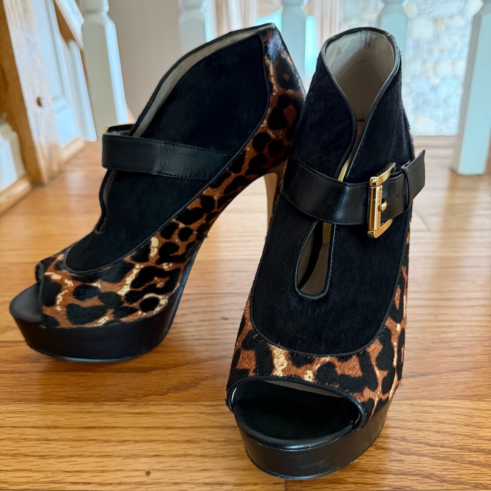 MICHAEL Michael Kors Leopard Platform Peep-Toe Heels with Black Trim